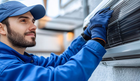Air conditioning technician blue clothes repairing ac unit