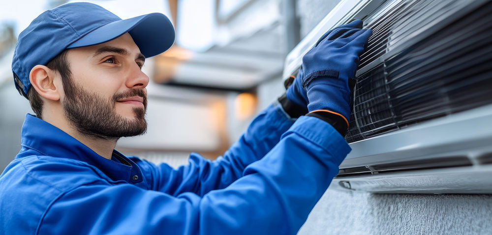 Air conditioning technician blue clothes repairing ac unit