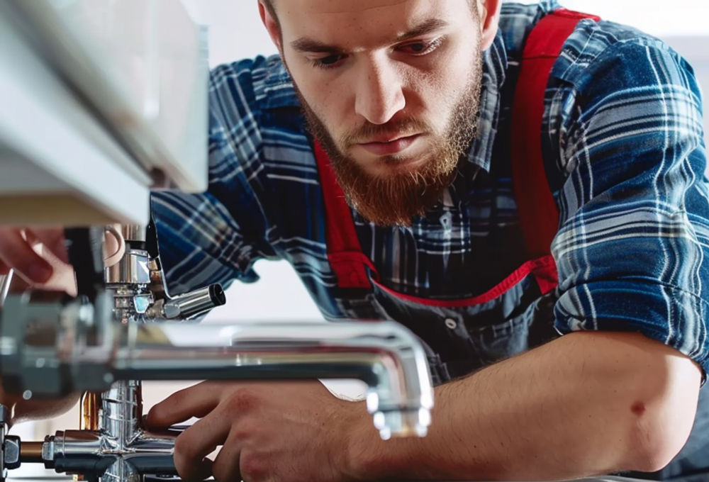 Man plaid shirt is working sewing machine
