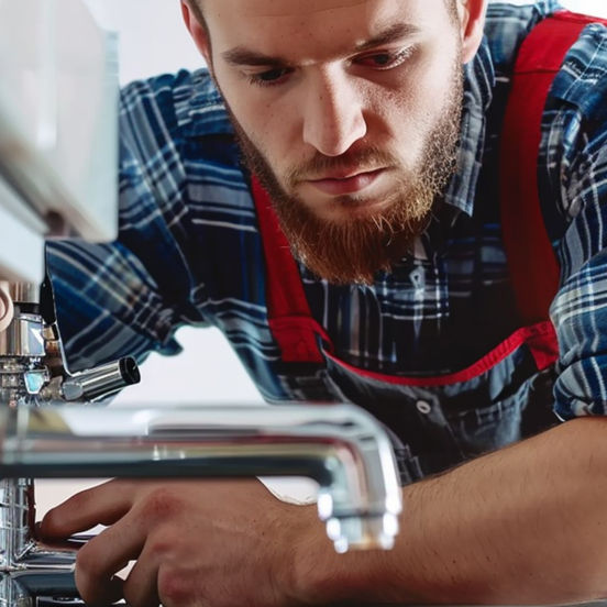 Man plaid shirt is working sewing machine