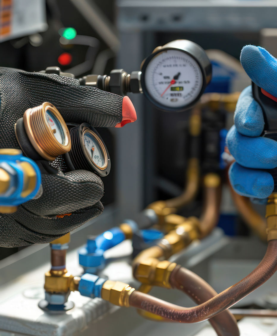Technician checking pressure gauges ac unit