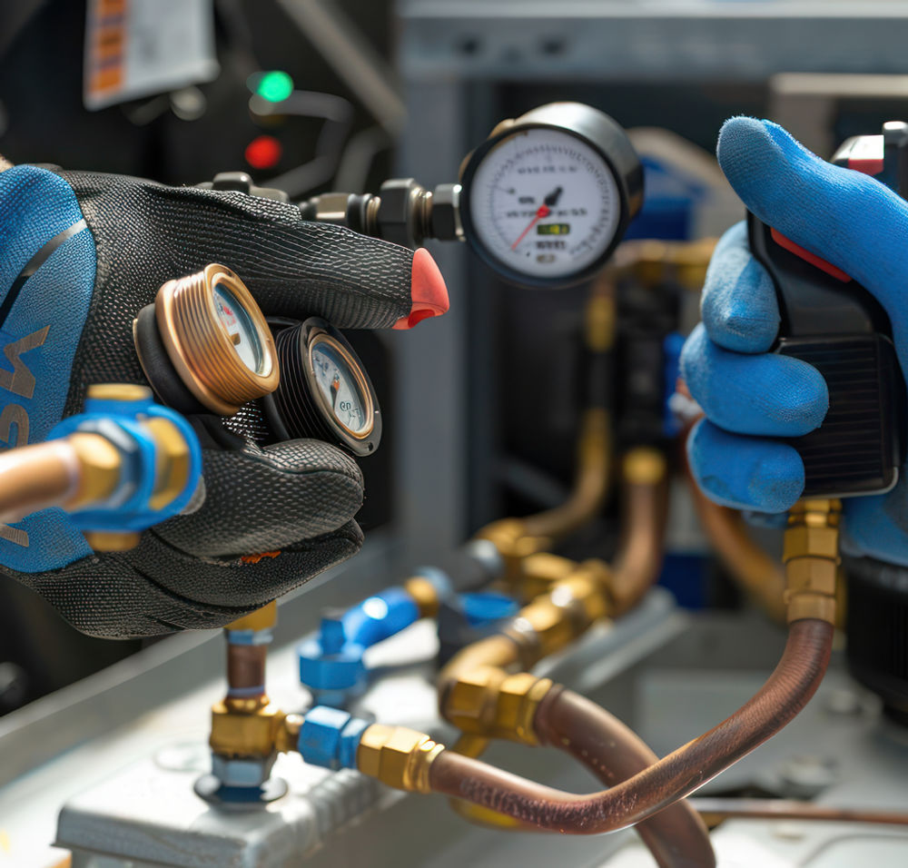 Technician checking pressure gauges ac unit