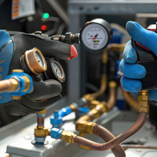 Technician checking pressure gauges ac unit